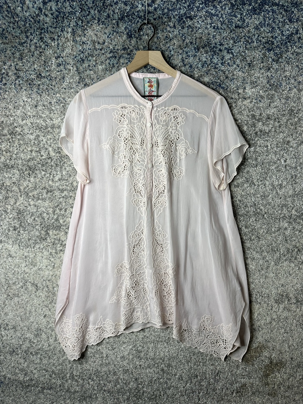 Johnny Was Blouse Womens Medium Pink Sheer Embroidered Kimono Tunic Top Boho